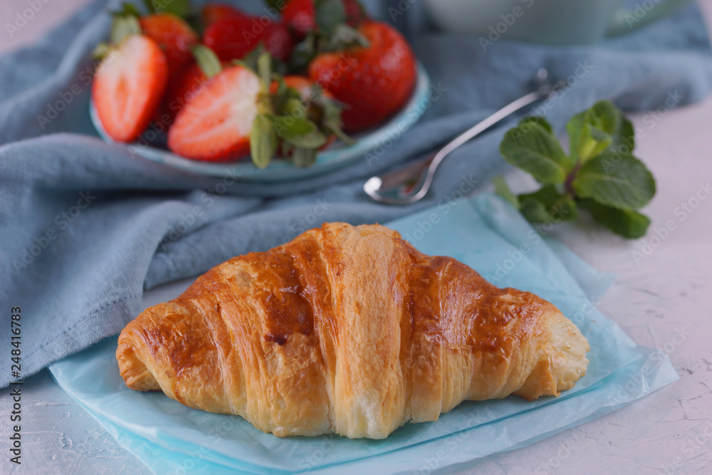 Breakfast with fresh croissants. Breakfast with fresh croissants.