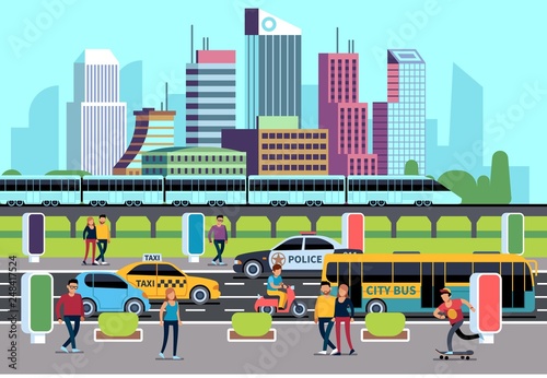 City street people and transport. Car bus bike motorcycle and persons. Transportation concept, city vector background