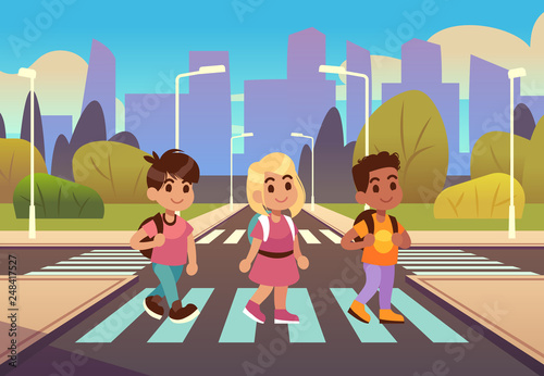 Kids crosswalk. Road safety zebra traffic light warning, students school child pedestrian sidewalk, street car urban