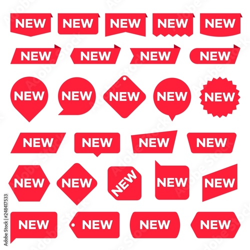 New red labels. Modern accent, new shop promotion stickers. Vector set