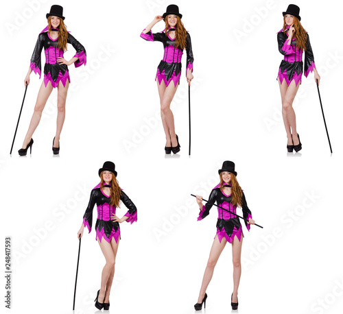 Beautiful woman with cane isolated on white