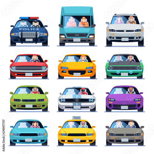 Car front view. Auto automotive people man woman child family urban drivers traffic vehicles driving cars set flat set