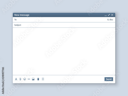 Blank email screen. Mail message interface blank mockup internet window computer, box page web software browser