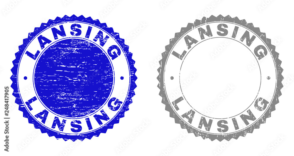 Grunge LANSING stamp seals isolated on a white background. Rosette seals with grunge texture in blue and gray colors. Vector rubber stamp imprint of LANSING tag inside round rosette.