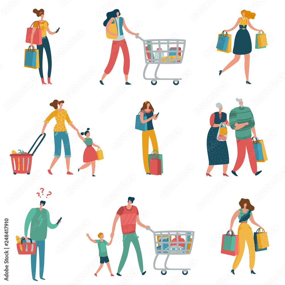 Shopping people. Persons shop family basket cart consume retail purchase store shopaholic mall supermarket shopper flat