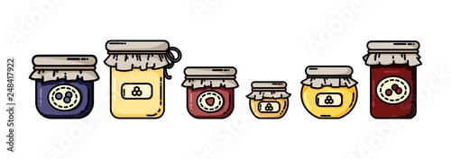 Jars flat icons with jams and honey. Preserves in a row