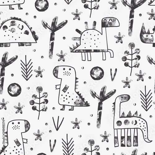 Cute baby seamless pattern with dinosaurus in forest. Creative vector childish background for fabric, textile, nursery wallpaper. Vector Illustration. Vintage style.