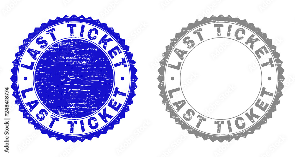 Grunge LAST TICKET stamp seals isolated on a white background. Rosette seals with grunge texture in blue and gray colors. Vector rubber stamp imitation of LAST TICKET tag inside round rosette. Grunge LAST TICKET stamp seals isolated on a white background. Rosette seals with grunge texture in blue and gray colors. Vector rubber stamp imitation of LAST TICKET tag inside round rosette.