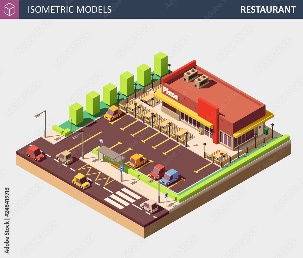 Vector Isometric Restaurant or Pizzerie Building with Sale Sign Board.