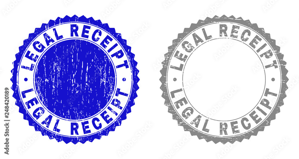 Grunge LEGAL RECEIPT stamp seals isolated on a white background. Rosette seals with distress texture in blue and gray colors. Vector rubber stamp imprint of LEGAL RECEIPT caption inside round rosette.