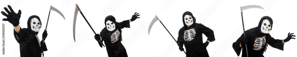Scary monster with scythe isolated on white Scary monster with scythe isolated on white