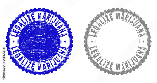 Grunge LEGALIZE MARIJUANA stamp seals isolated on a white background. Rosette seals with grunge texture in blue and gray colors. Vector rubber overlay of LEGALIZE MARIJUANA text inside round rosette.