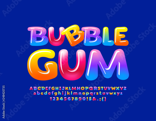 Vector colorful logotype Bubble Gum with Glossy Font. Sweet Alphabet Letters, Numbers and Symbols.