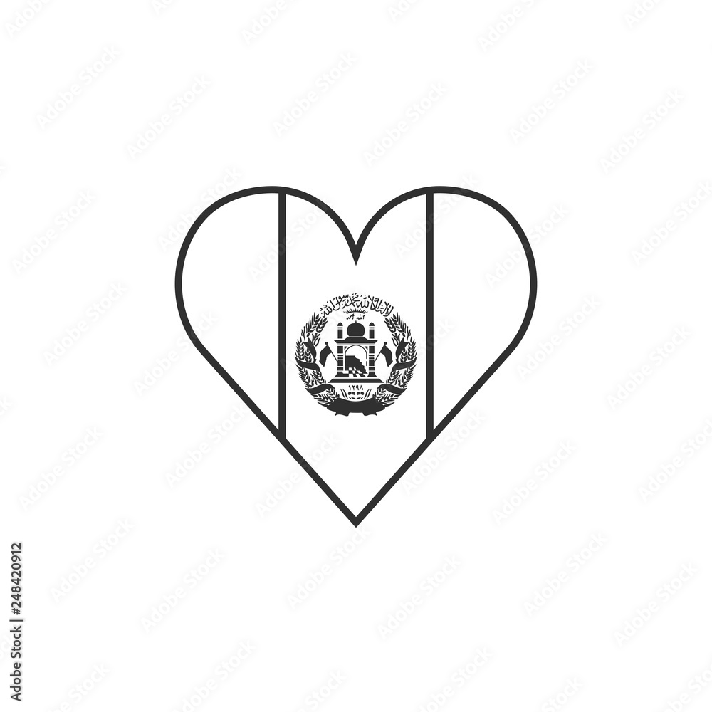 Afghanistan flag icon in a heart shape in black outline flat design. Independence day or National day holiday concept.