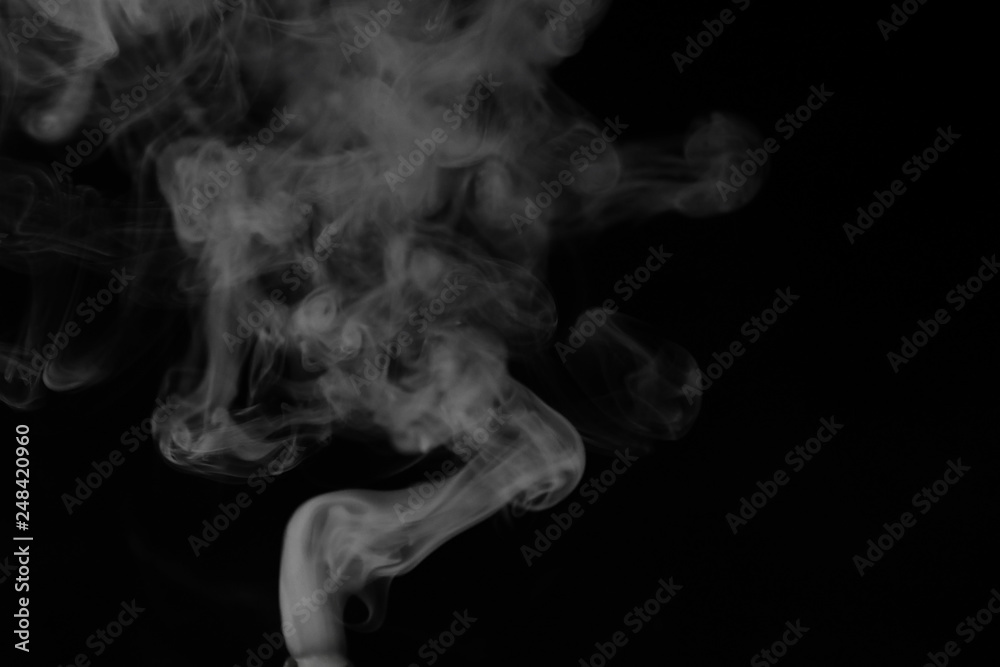 Obraz premium White smoke on a black background. Texture of smoke. Clubs of white smoke on a dark background for an overlay