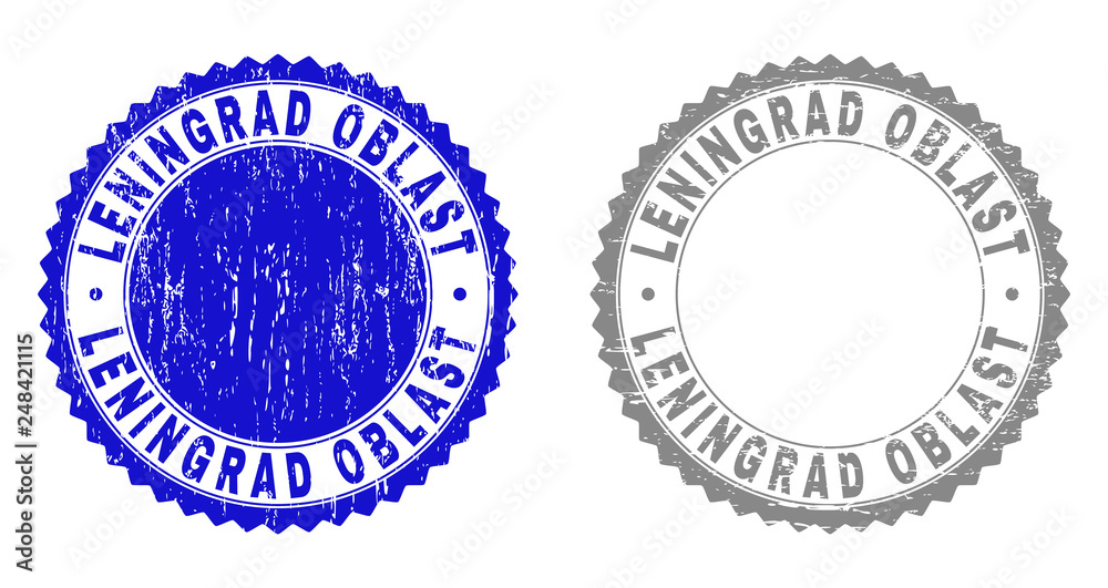 Grunge LENINGRAD OBLAST stamp seals isolated on a white background. Rosette seals with grunge texture in blue and gray colors. Vector rubber watermark of LENINGRAD OBLAST title inside round rosette.
