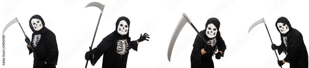 Scary monster with scythe isolated on white Scary monster with scythe isolated on white