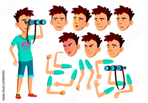 Asian Teen Boy Vector. Teenager. Funny, Friendship. Face Emotions, Various Gestures. Animation Creation Set. Isolated Flat Cartoon Character Illustration