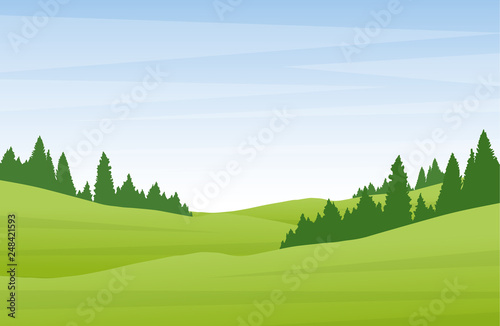 Vector illustration: Flat cartoon summer landscape with green hills and pine forest.
