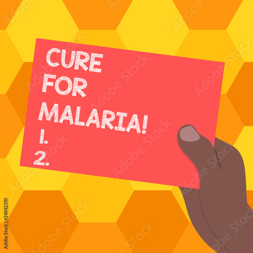 Handwriting text Cure For Malaria. Concept meaning like Primaquine drug used against malaria for prevention Drawn Hu analysis Hand Holding Presenting Blank Color Paper Cardboard photo photo