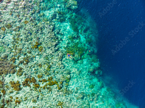 Aerial top down people snorkeling on coral reef tropical caribbean sea, turquoise blue water. Indonesia Wakatobi archipelago, marine national park, tourist diving travel destination © fabio lamanna