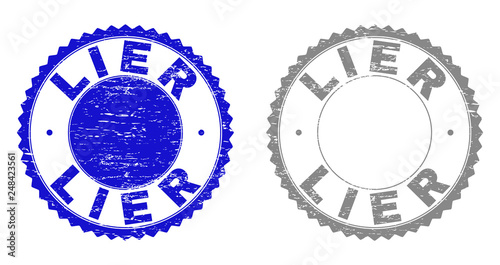 Grunge LIER stamp seals isolated on a white background. Rosette seals with distress texture in blue and gray colors. Vector rubber watermark of LIER label inside round rosette.