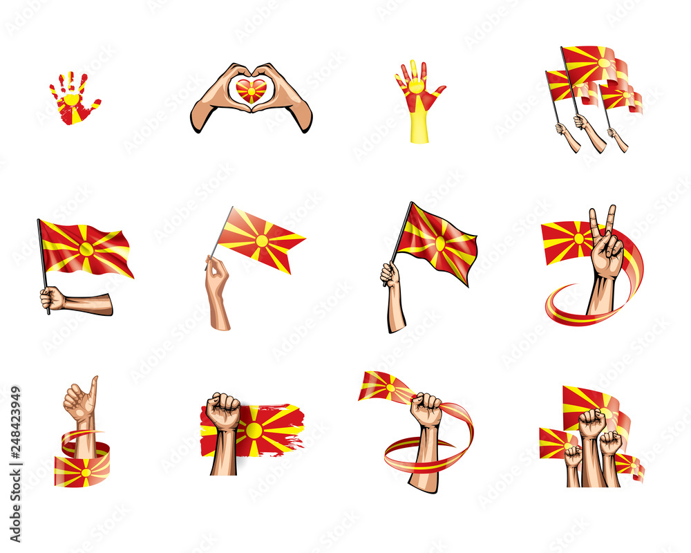 Macedonia flag and hand on white background. Vector illustration Macedonia flag and hand on white background. Vector illustration