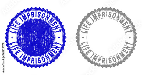 Grunge LIFE IMPRISONMENT stamp seals isolated on a white background. Rosette seals with grunge texture in blue and gray colors.