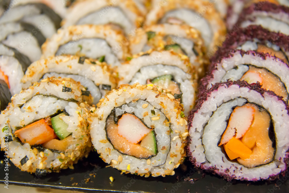 sushi roll on buffet in japanes restaurant sushi roll on buffet in japanes restaurant