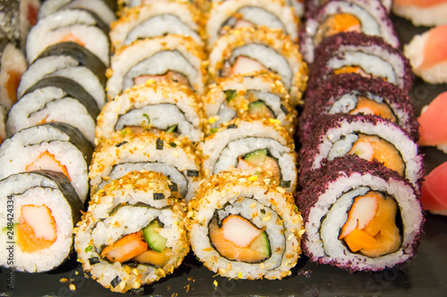  sushi roll on buffet in japanes restaurant