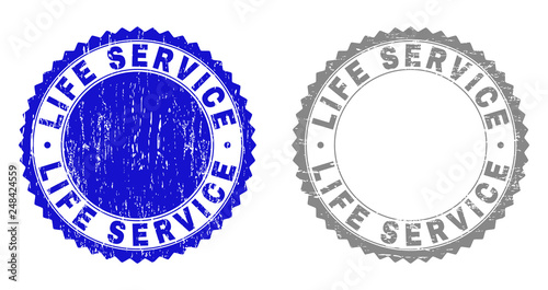 Grunge LIFE SERVICE stamp seals isolated on a white background. Rosette seals with grunge texture in blue and gray colors. Vector rubber stamp imprint of LIFE SERVICE text inside round rosette.