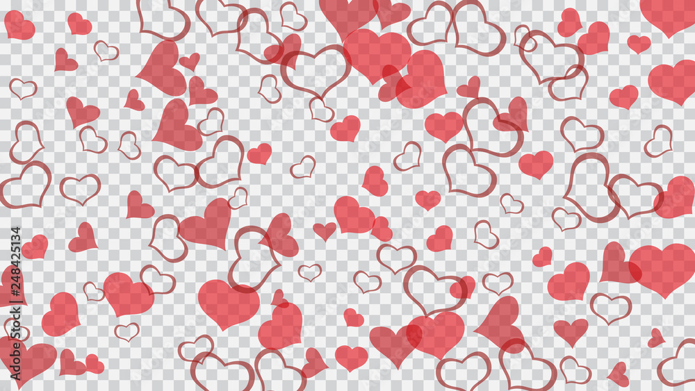 Festive background. Red hearts of confetti are falling. Red on Transparent fond Vector. A sample of wallpaper design, textiles, packaging, printing, holiday invitation for wedding. Festive background. Red hearts of confetti are falling. Red on Transparent fond Vector. A sample of wallpaper design, textiles, packaging, printing, holiday invitation for wedding.