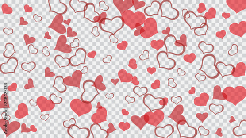 Festive background. Red hearts of confetti are falling. Red on Transparent fond Vector. A sample of wallpaper design, textiles, packaging, printing, holiday invitation for wedding.