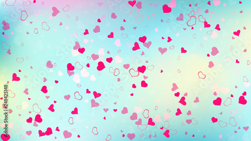 Red on Gradient fond Vector. Part of the design of wallpaper, textiles, packaging, printing, holiday invitation for Valentine's Day. Romantic background. Red hearts of confetti are flying.