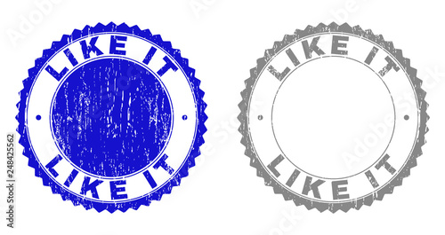 Grunge LIKE IT stamp seals isolated on a white background. Rosette seals with distress texture in blue and gray colors. Vector rubber stamp imprint of LIKE IT caption inside round rosette.