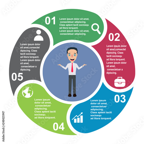 5 steps vector element in five colors with labels, infographic diagram. Business concept of 5 steps or options with businessman