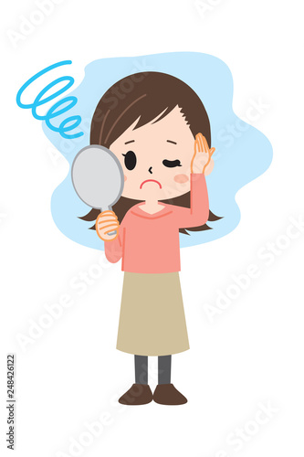 Young woman with hair loss mirror