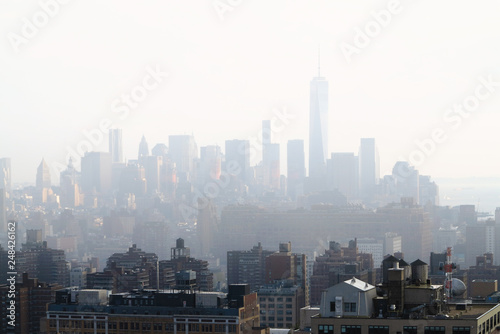 Aerial and panorama view of skyscrapers of  New York City in the mist.  Top view of midtown of Manhattan.