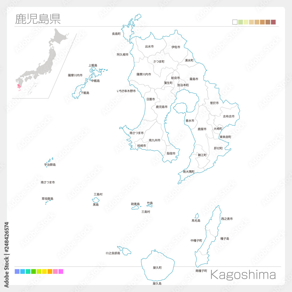 Obraz premium 鹿児島県の地図（市町村・区分け）