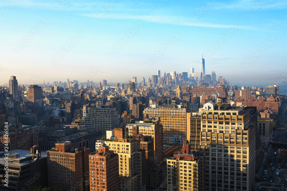 Aerial and panorama view of skyscrapers of  New York City, Manhattan.  Top view of sunset midtown of Manhattan.