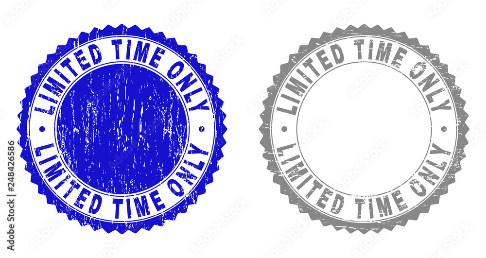 Grunge LIMITED TIME ONLY stamp seals isolated on a white background. Rosette seals with grunge texture in blue and grey colors.