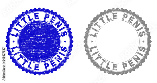 Grunge LITTLE PENIS stamp seals isolated on a white background. Rosette seals with grunge texture in blue and grey colors. Vector rubber watermark of LITTLE PENIS text inside round rosette.