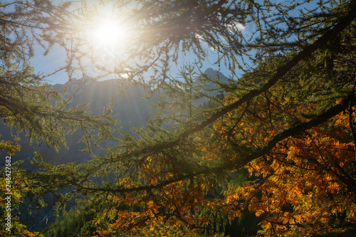 A great warm autumn in France in the Alpine mountains on tourist paths with magnificent views around.