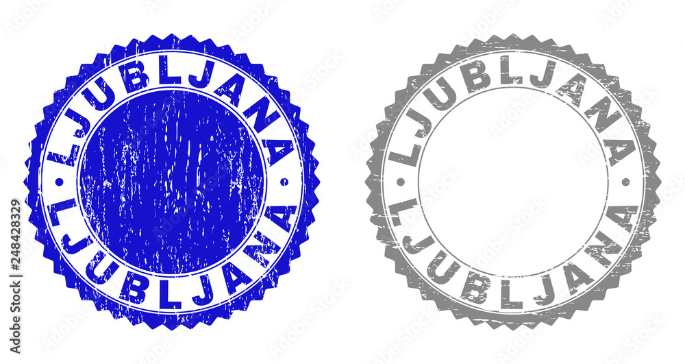 Grunge LJUBLJANA stamp seals isolated on a white background. Rosette seals with grunge texture in blue and gray colors. Vector rubber stamp imprint of LJUBLJANA text inside round rosette.