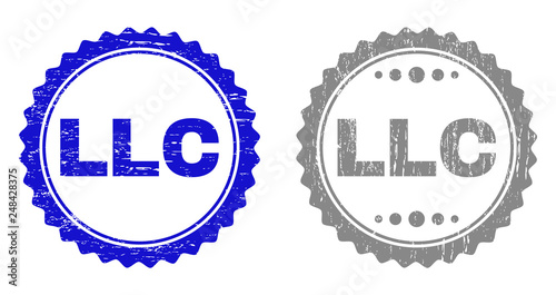 Grunge LLC stamp seals isolated on a white background. Rosette seals with grunge texture in blue and grey colors. Vector rubber stamp imprint of LLC tag inside round rosette.