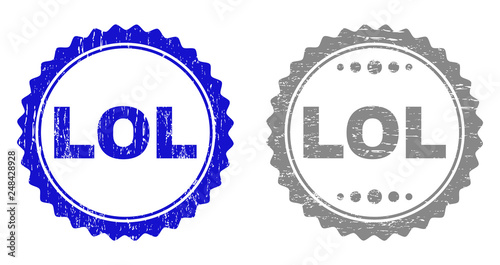 Grunge LOL stamp seals isolated on a white background. Rosette seals with grunge texture in blue and gray colors. Vector rubber stamp imitation of LOL tag inside round rosette.