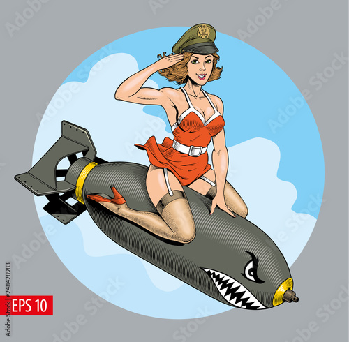 A vintage comic style sexy woman riding a bomb Fotobehang