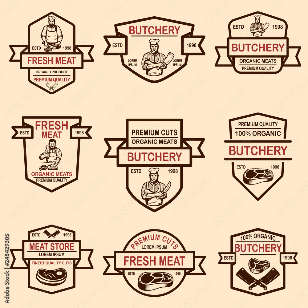 Set of meat store labels. Design element for logo, label, emblem, sign, badge.