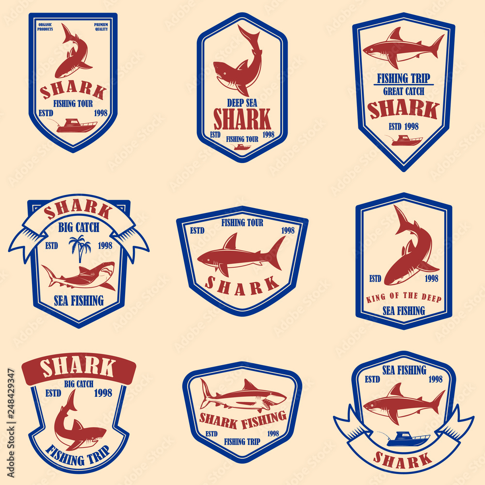 Set of shark fishing emblems. Design element for logo, label, sign, poster, t shirt.