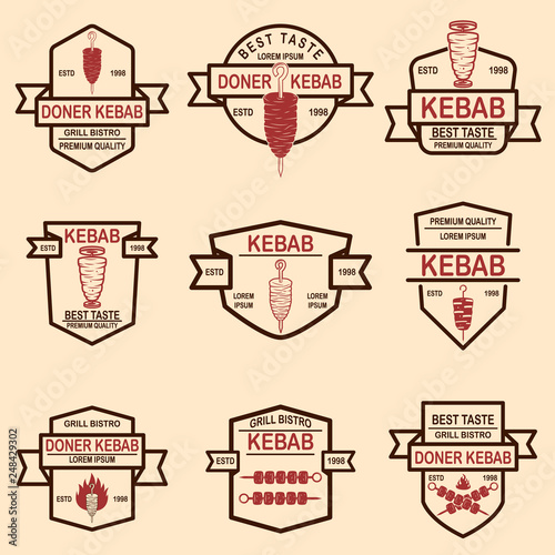Set of vintage doner kebab labels. Design element for logo, label, emblem, sign, badge.